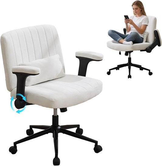 IPKIG Criss Cross Chair with Adjustable Flip-up Arms, Vanity Chair with Wheels, Comfy Desk Chair with Lumbar Pillow Swivel Wide Office Chair for Home Office, Bedroom, Linen, White