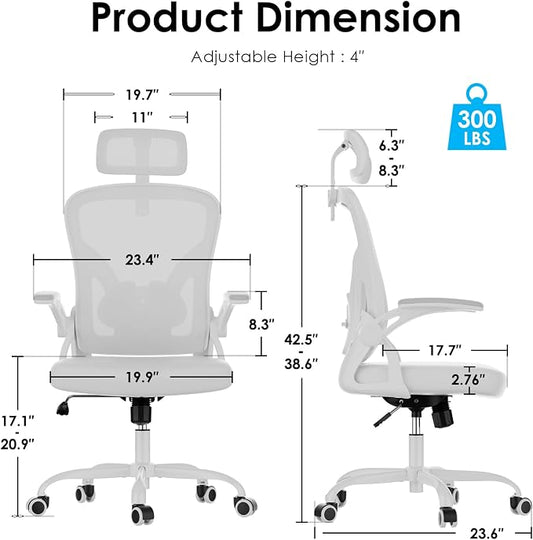 Farini Ergonomic Office Chair, Home Office Desk Chair with Headrest, High Back Swivel Computer Chair with Armrests and Adjustable Lumbar Support for Home Office Study Room, White & White