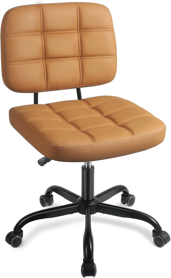 Armless Home Office Desk Chair - Small Swivel Office Desk Chairs with Rolling Wheels - Height Adjustable PU Leather Computer Chair with Comfy Low Back - For Small Space, Bedroom, Home, Vanity- Brown