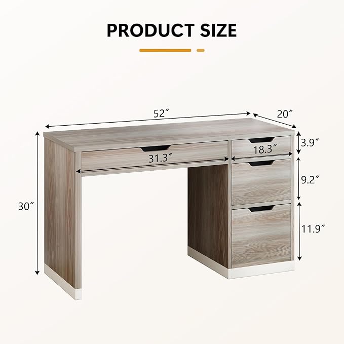 MaverickFurni 52 Inch Desk with 4 Drawers, Computer Desk with Storage File Drawer for Bedroom, Small Office Desk with Storage for Small Space, Light Walnut