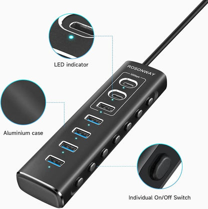 Powered USB Hub, Rosonway 7-Port USB 3.2/USB C Hub with 10Gbps USB-A 3.2, 2 USB-C 3.2, 4 USB 3.0 Ports, Individual Switches and 12V Power Adapter, Aluminum USB Port Expander for Laptop/PC, RSH-A107C