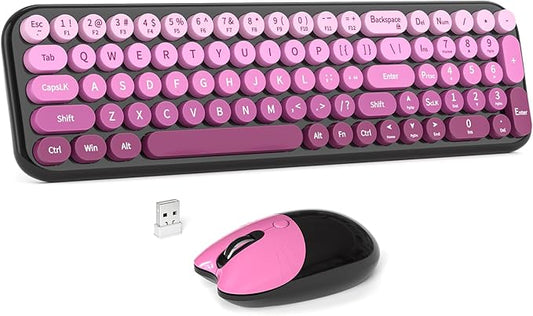 Wireless Keyboard and Mouse Combo, MOWUX Compact Typewriter Retro Round Computer Keyboard, Cute Optical Mouse Wireless, Plug and Play, for Laptop, PC, Computer- Black Pink Gradient