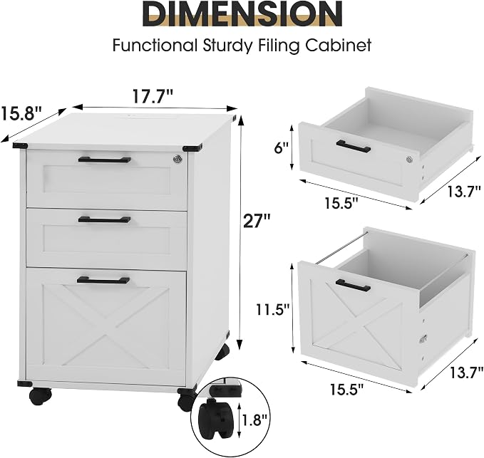 Onelike Small Wood File Cabinet with Lock, Nightstand with Charging Station, 3 Drawer Under Desk Lateral Filing Cabinets for Home Office, Printer Stand with Storage, White