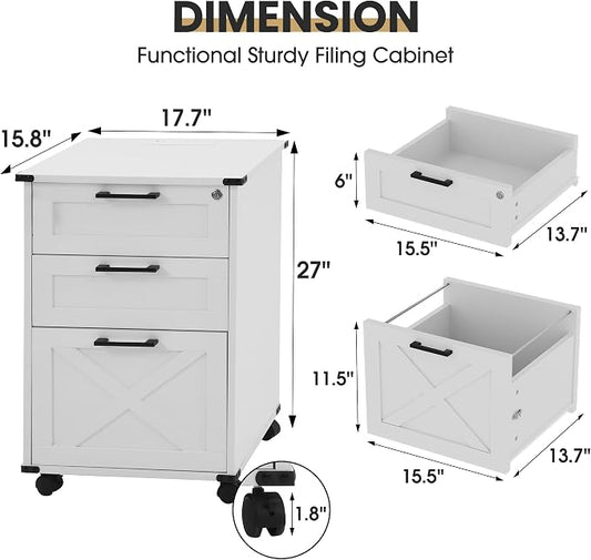 Onelike Small Wood File Cabinet with Lock, Nightstand with Charging Station, 3 Drawer Under Desk Lateral Filing Cabinets for Home Office, Printer Stand with Storage, White