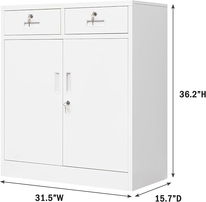 CMY Metal Storage Cabinet with 2 Drawers, 36" H Metal Cabinets with Adjustable Shelf, Locking Storage Cabinet for Office, Garage, Home-White