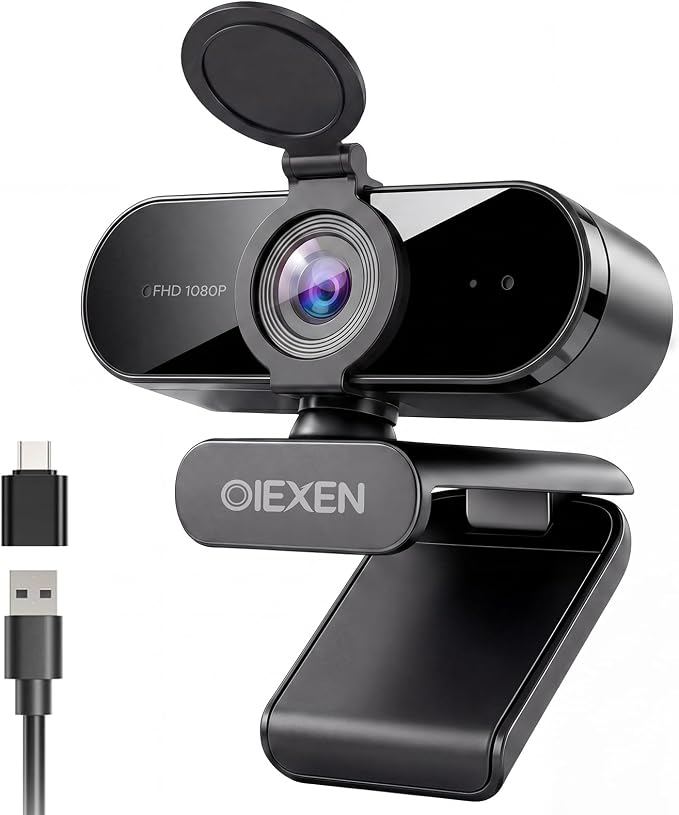 1080P Webcam with Microphone Noise Reduction, Auto Exposure, 90°FOV Wide Angle, Privacy Cover, USB-A to C Adapter, Plug & Play Streaming Camera for PC/Mac/Switch 2, Zoom/Teams/Skype/Meetings