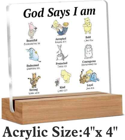 Pooh Bear Gifts for Women Christian Gifts Inspirational Gift God Says Pooh Clear Desk Decorative Sign Acrylic Sign With Wooden Stand for Office Desk Table Shelf