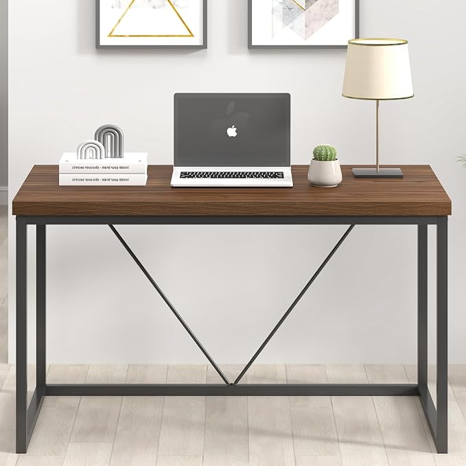 FOLUBAN Modern Office Desk, Rustic Wood and Metal Computer Desks, Industrial Study Writing Table, Simple Work Gaming PC Desk for Bedroom Living Room, Walnut 47 Inch