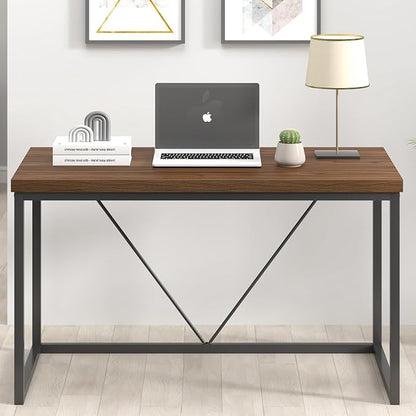 FOLUBAN Modern Office Desk, Rustic Wood and Metal Computer Desks, Industrial Study Writing Table, Simple Work Gaming PC Desk for Bedroom Living Room, Walnut 47 Inch