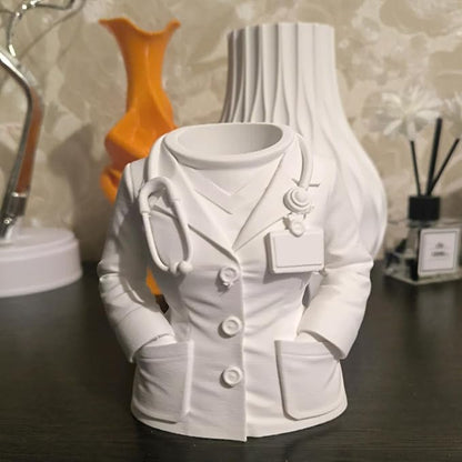 3D Printed Doctor Coat Pen Holder - Realistic Medical Desk Organizer with Stethoscope, White Doctor Sculpture Pen Cup for Office, Nurse, Medical Student Gift 4.8"x2.83"x4.72" (Female Doctor Style 2)
