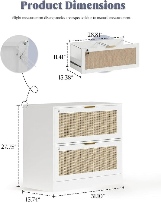 YIGOBUY Lateral File Cabinets for Home Office, 2 Drawer Filing Cabinet with Lock, Wide Rattan Filing Organization Storage Cabinets with Printer Stand for Hanging Files/Letter/Legal/A4/F4 Size, White