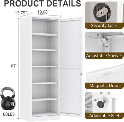 pozdeg 67" Metal Storage Cabinet with Lock, Tall Narrow Office File Cabinets with 5 Adjustable Shelves, Metal Steel Locker for Home, School, Office, Garage or Gym (White)