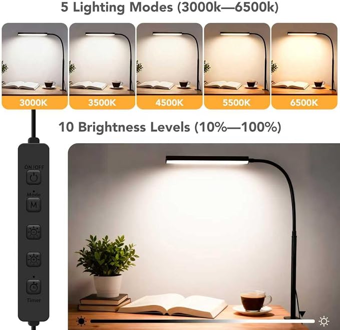 LED Desk Lamp with Clamp, 5 Color Modes & 10 Brightness Levels, Eye-Caring Desk Light, Flexible Gooseneck, Memory Function, Adapter Included for Home Office, Reading & Study