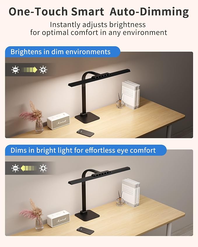24W LED Desk Lamp, 112 High-Bright Eye-Caring Architect Light, 3000K-6000K Stepless Dimmable Touch Control, Weighted Metal Base, Auto-Dimming & Memory Function for Home Office, Reading, Gaming, Black