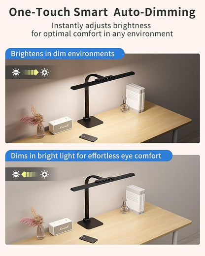 24W LED Desk Lamp, 112 High-Bright Eye-Caring Architect Light, 3000K-6000K Stepless Dimmable Touch Control, Weighted Metal Base, Auto-Dimming & Memory Function for Home Office, Reading, Gaming, Black