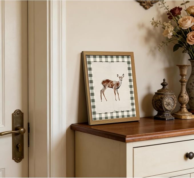 CXQILVER Vintage Framed Deer Wall Art Canvas Painting, Woodland Fawn Prints Wall Decor, Green Gingham Rustic Farmhouse Animal Artwork Pictures for Living Room Bedroom Bathroom Nursery Decor 8x10 Inch