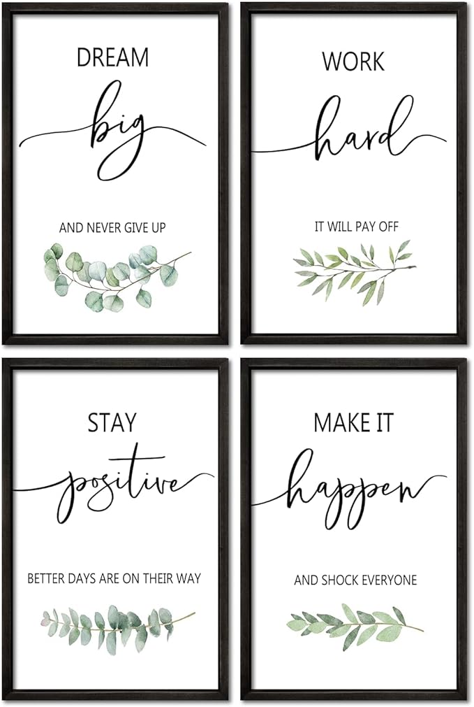 Inspirational Quote Wall Art 16x24–Motivational Office Decor,Wood Frame 4Pc | Positive Family Encouragement Black Wooden Framed Signs Set of 4