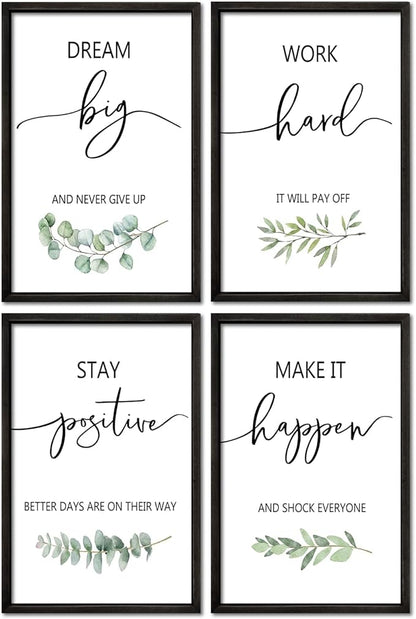 Inspirational Quote Wall Art 16x24–Motivational Office Decor,Wood Frame 4Pc | Positive Family Encouragement Black Wooden Framed Signs Set of 4