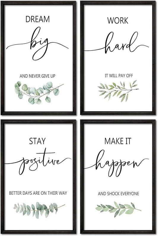Inspirational Quote Wall Art 16x24–Motivational Office Decor,Wood Frame 4Pc | Positive Family Encouragement Black Wooden Framed Signs Set of 4