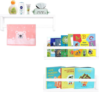 AZSKY Floating Bookshelf for Kids Room, White Wall Mounted Nursery Shelves for Bathroom, Kitchen Spice Rack, Book Shelf Photo Organizer for Baby Nursery Décor 16 Inch Set of 3