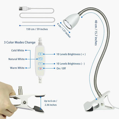 Desk lamp Eye-Caring Table Lamps, 360°Rotation Gooseneck Clip on Lamp Reading Light, Portable Reading Book Light, Clamp Light, Study Desk Lamps for Bedroom and Office Home Lighting (White with Dimme)