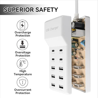 USB Charging Station with 6 USB-A and 4 USB-C Ports, 50W 10A USB Charger Block for Smart Phone, Tablet, Laptop, Multiple Devices - USB Power Strip with Auto-Detect Technology