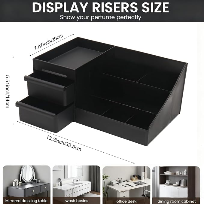 Black Cologne Organizer for Men,Large Perfume Stand Holder with Drawers,Cologne Stand,Shelves for Perfumes,Organizador de Perfumes,Dresser Organizer Countertop for Mens Bathroom & Bedroom Storage