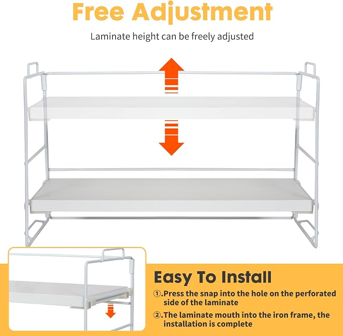 PowerKing Desk Shelf Organizer, 2-Tier Desktop Shelves with Wood Board, Adjustable Bookshelf Storage Rack for Home Office School Study Room (White Frame + White Wood)