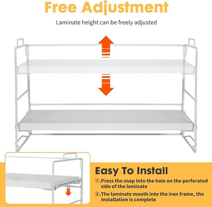 PowerKing Desk Shelf Organizer, 2-Tier Desktop Shelves with Wood Board, Adjustable Bookshelf Storage Rack for Home Office School Study Room (White Frame + White Wood)