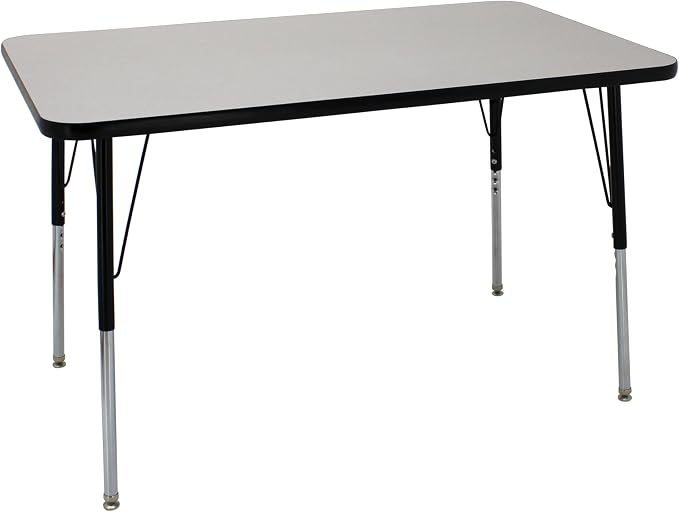 FDP Rectangle Activity School and Office Table (30 x 48 inch), Standard Legs with Swivel Glides, Adjustable Height 19-30 inches; Quick Ship Single Box - Gray Top and Black Edge