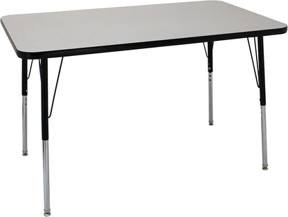 FDP Rectangle Activity School and Office Table (30 x 48 inch), Standard Legs with Swivel Glides, Adjustable Height 19-30 inches; Quick Ship Single Box - Gray Top and Black Edge