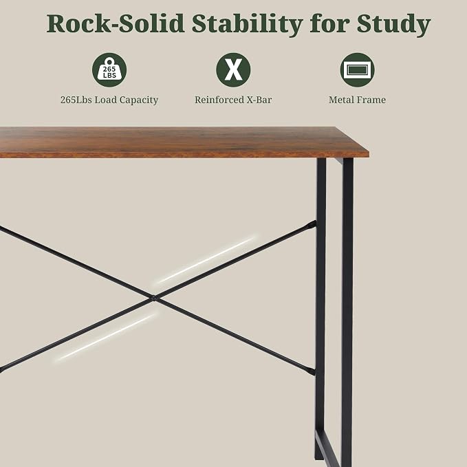 Computer Desk 32 Inch, Simple Home Office Desk Study Writing Table, Sturdy Metal Frame, Scratch-Resistant MDF Desktop for Bedroom Dorm Workspace Small Space, Brown
