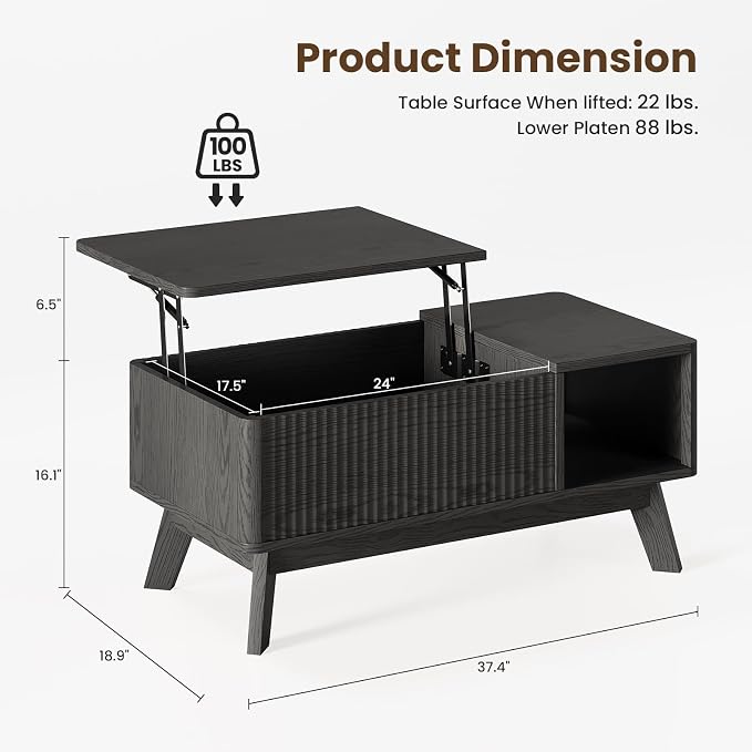Wood Lift Top Coffee Table with Hidden Compartment and Large Storage Shelf, Lift Tabletop Dining Center Table for Home Living Room Office,Black