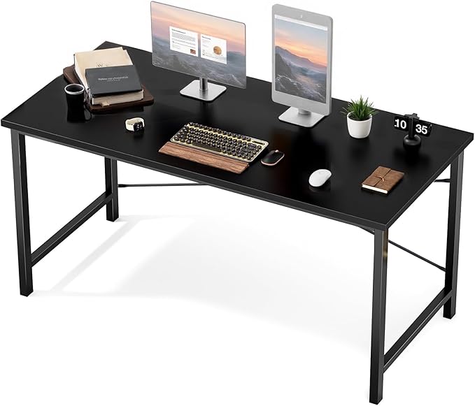 Sweetcrispy Small Computer Desk, 55" Office Writing Desk with Metal Frame & Wooden Tabletop, X-Shaped Reinforcement, Student Study Workstation for Home Bedroom, Black