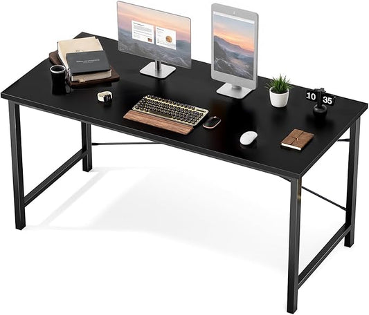 Sweetcrispy Small Computer Desk, 55" Office Writing Desk with Metal Frame & Wooden Tabletop, X-Shaped Reinforcement, Student Study Workstation for Home Bedroom, Black