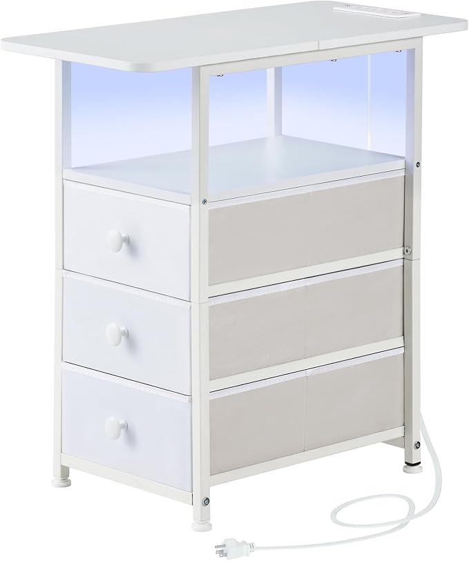 DALEMHOME Narrow End Table with Charging Station, Narrow Side Table with 3 Fabric Drawers, Slim Nightstand with LED Light, Small Table with Storage, Living Room, Bedroom, White HKET1303WT