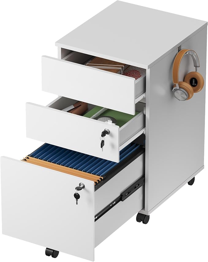 DEVAISE 3 Drawer Mobile File Cabinet with Lock, White Wood Rolling Filing Cabinet for Under Desk, Fits Letter/Legal/A4 Size for Home Office