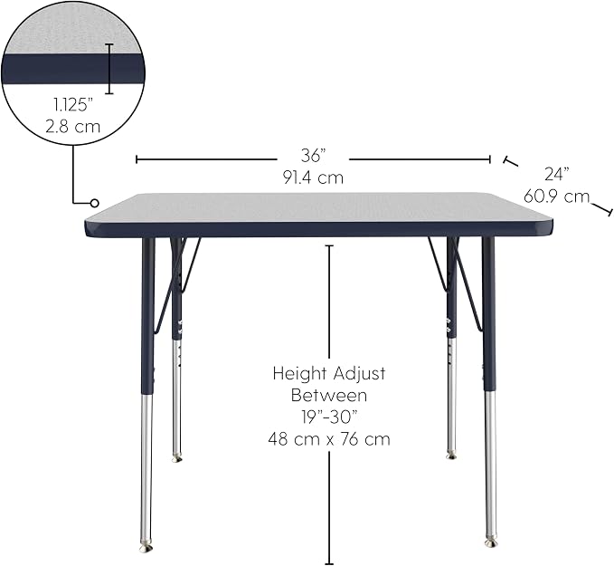 FDP Rectangle Activity School and Office Table (24 x 36 inch), Standard Legs with Swivel Glides, Adjustable Height 19-30 inches Quick Ship Single Box - Gray Top and Navy Edge