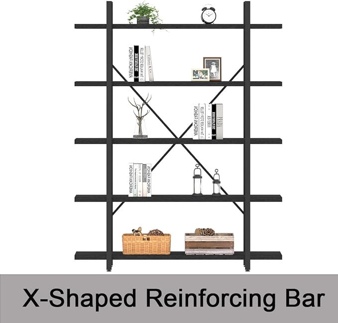 HSH 5 Tier Tall Black Bookshelf, Wood and Metal Storage Book Rack, Industrial Modern Etagere 5 Shelf Bookcase, Large Wide Open Display Book Shelf for Bedroom Living Room Office, Bookshelves Heavy Duty