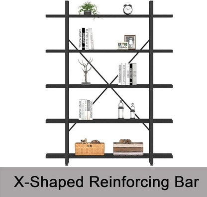 HSH 5 Tier Tall Black Bookshelf, Wood and Metal Storage Book Rack, Industrial Modern Etagere 5 Shelf Bookcase, Large Wide Open Display Book Shelf for Bedroom Living Room Office, Bookshelves Heavy Duty