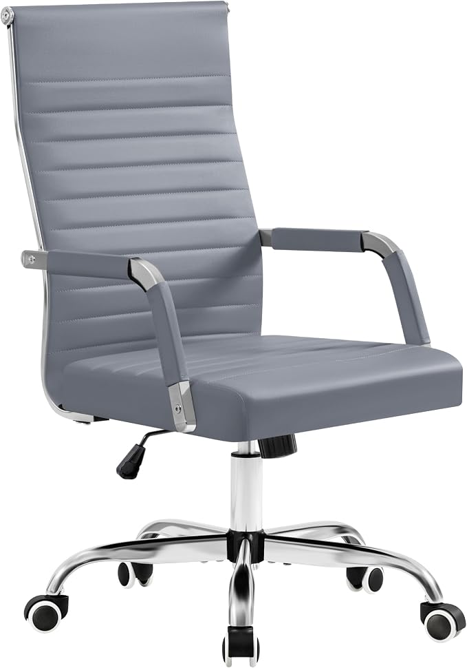 Furmax Ergonomic Office Desk Chair, Executive Ribbed Mid-Back PU Leather Conference Room Chair Adjustable Swivel Chair with Arms (1, Grey)