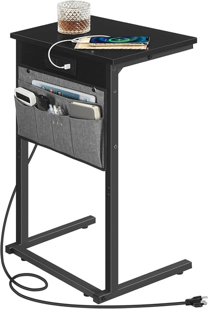 HOOBRO C Shaped End Table with Charging Station, 28" H Couch Side Table Slide Under, Sofa Arm Tray Table with Storage Bag for Living Room, Recliner, Black BB70USF01