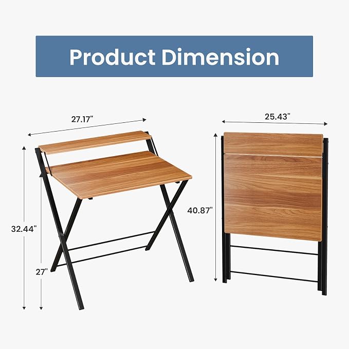 DUMOS Small Folding Desk with Shelf, No-Assembly Foldable Computer Desk for Tight Spaces, Portable Table for Bedroom, Home Office, Dorm or Apartment, Brown