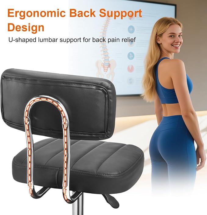 JOSTZHXIN Office Desk Chair with Wheels, Rolling Stool with Backrest Height Adjustable, Swivel Stool with Low Back Lumbar Support, Square PU Leather Swivel Chair with Back (3.2-in PU Wheel)