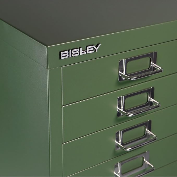Bisley 10-Drawer Steel MultiDrawer Cabinet - Olive Green | Chrome Pull Handles with Label Holders, Powder-Coated Steel, Removable Drawers, Fits Under Most Desks, Labels Included