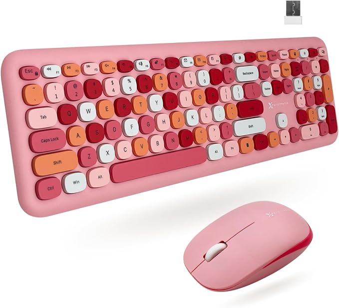 X9 Pink Keyboard and Mouse Wireless Combo - Retro Typewriter Keyboard and Mouse with Aesthetic Bubble Keys - Colorful Keyboard and Mouse Wireless for PC, Laptop, Windows, Chrome