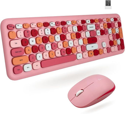 X9 Pink Keyboard and Mouse Wireless Combo - Retro Typewriter Keyboard and Mouse with Aesthetic Bubble Keys - Colorful Keyboard and Mouse Wireless for PC, Laptop, Windows, Chrome
