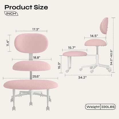 Pinmoco Ergonomic Cross Legged Office Chair with Wheels, ADHD Chair for Adults, Meditation Chair, Yoga Office Chair, Comfortable Back Support, Height Adjustable,Small Spaces, Teddy Fabric, Pink