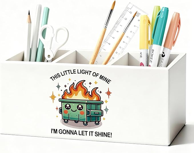 Funny Dumpster Fire Pen Pencil Holder for Desk, Coworker Gifts for Women Men, Dumpster Fire Gifts, This Little Light of Mine Wooden Box Sign Decorations for Office Workplace Desk Tabletop