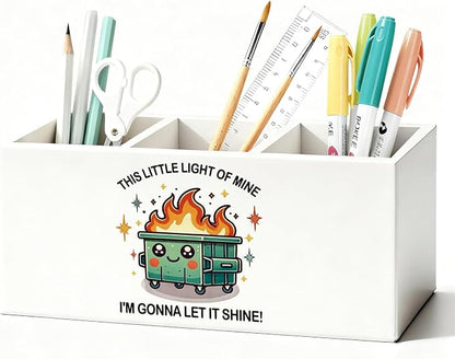Funny Dumpster Fire Pen Pencil Holder for Desk, Coworker Gifts for Women Men, Dumpster Fire Gifts, This Little Light of Mine Wooden Box Sign Decorations for Office Workplace Desk Tabletop